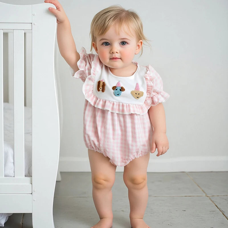 Infant Girl Short Sleeve Round Neck Floral Print Romper Newborn Jumpsuit Toddler Playsuit Summer Outfit Embroidery Bodysuit