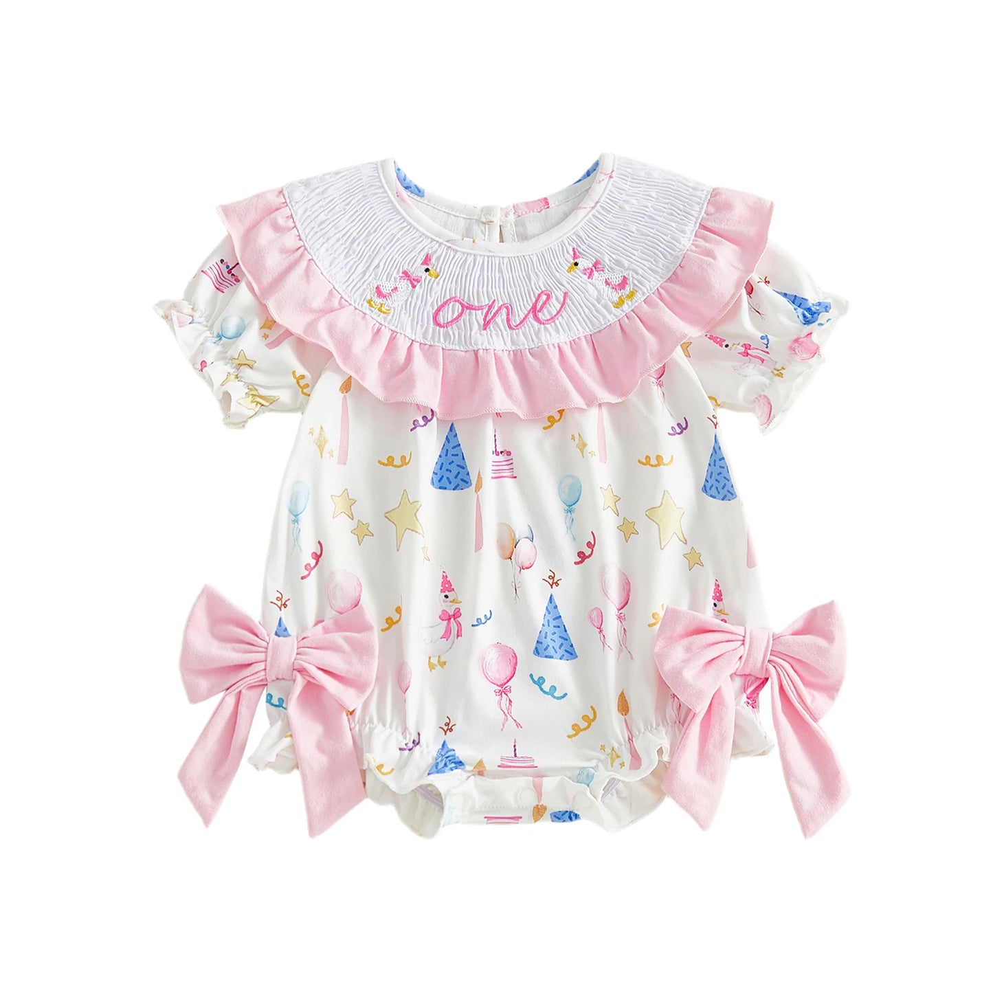 Toddler Girl Pink Floral Print Ruffle Sleeve Romper with Bow Detail and Round Neckline for Birthday Party Celebration