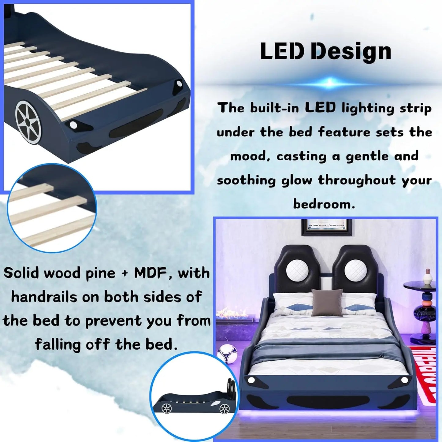 YQXH Race Car Shaped Platform Bed With Integrated LED Lighting