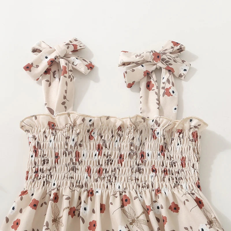 Infant Summer Jumpsuit with Sleeveless Tie Straps Floral Print and Smocked Detailing - Adorable Newborn Romper for Playtime