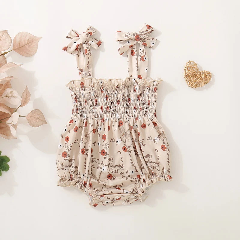 Infant Summer Jumpsuit with Sleeveless Tie Straps Floral Print and Smocked Detailing - Adorable Newborn Romper for Playtime