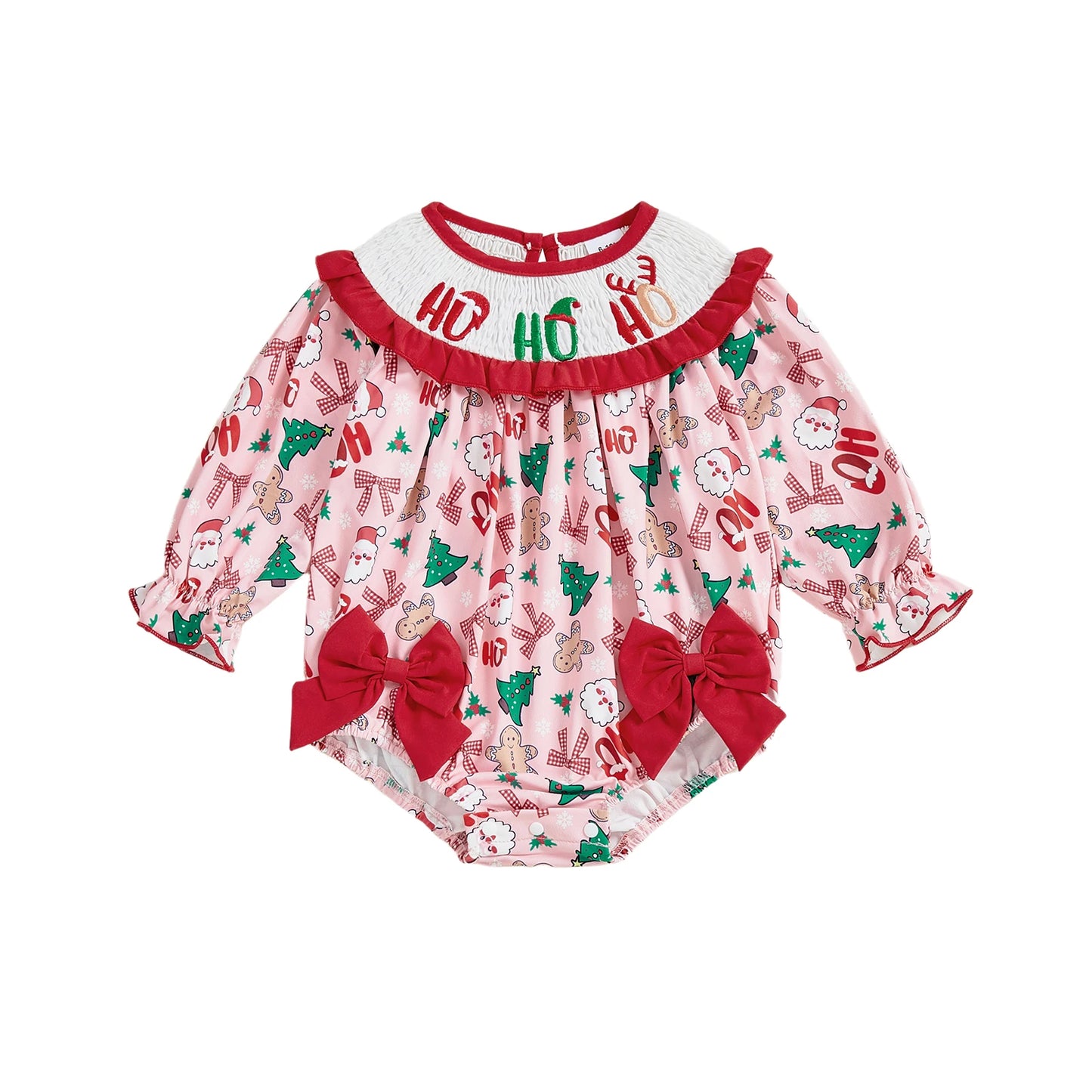 Baby Girl Bubble Romper Fashionable Christmas Tree Embroidery Smocked Long Sleeve Jumpsuit