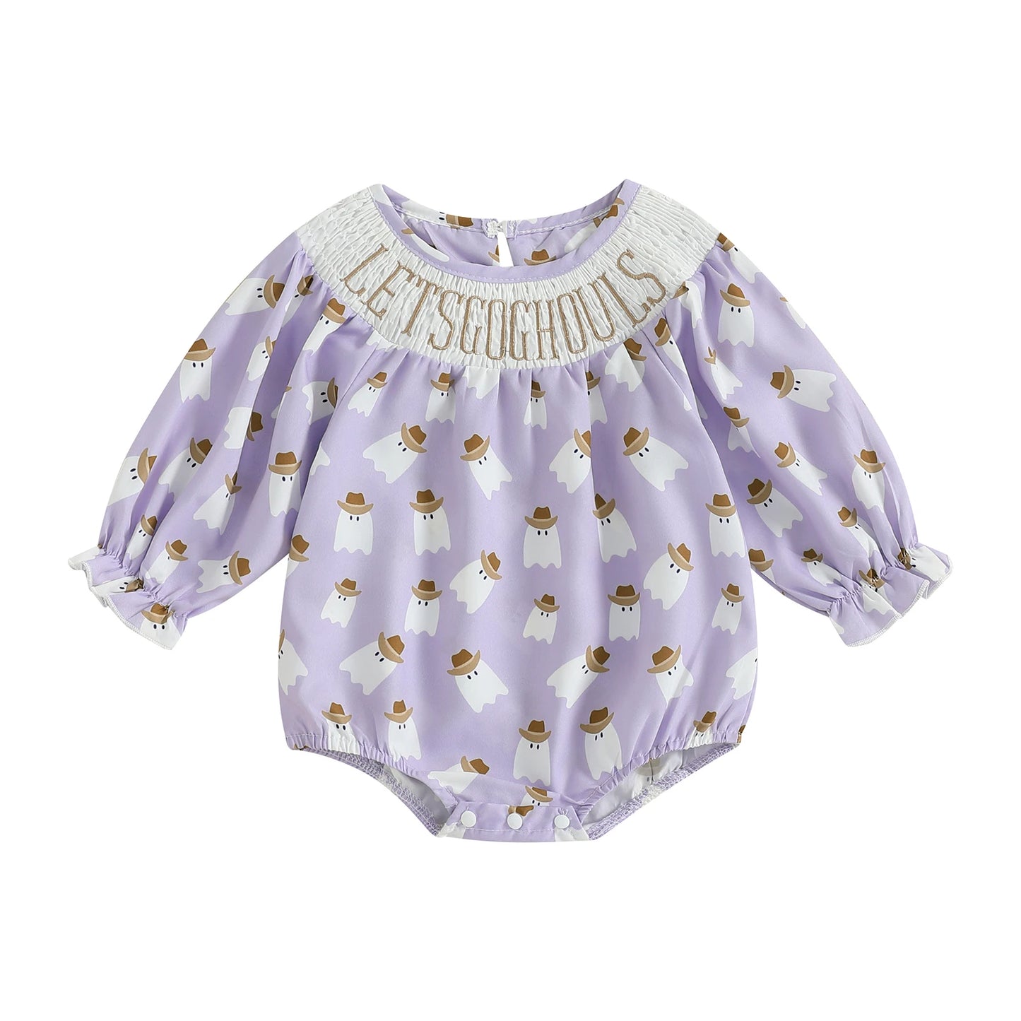Baby Girls Bubble Romper Halloween Ghost Print Long Sleeve Smocked Letter Embroidery Jumpsuit