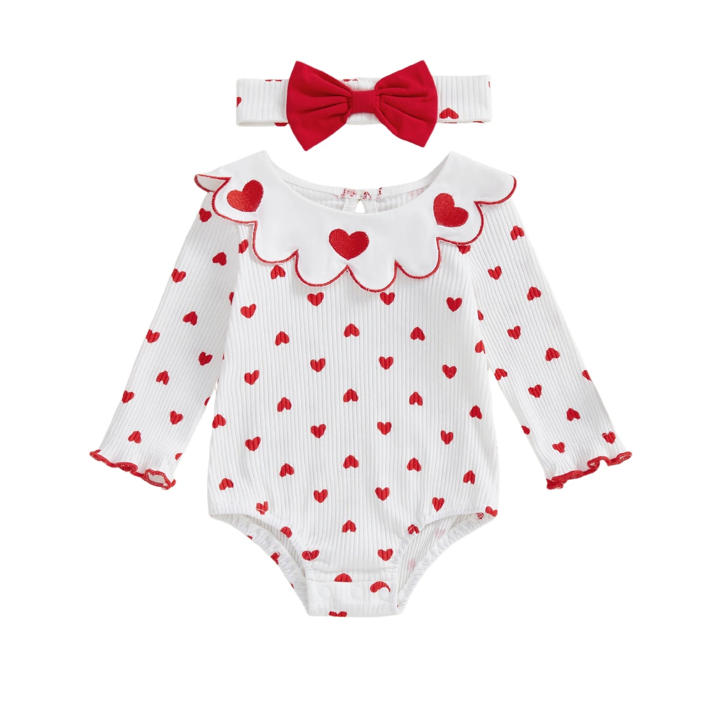 Adorable Toddler Girls Valentine s Day Heart Print Romper with Matching Bow Headband and Ruffle Detail