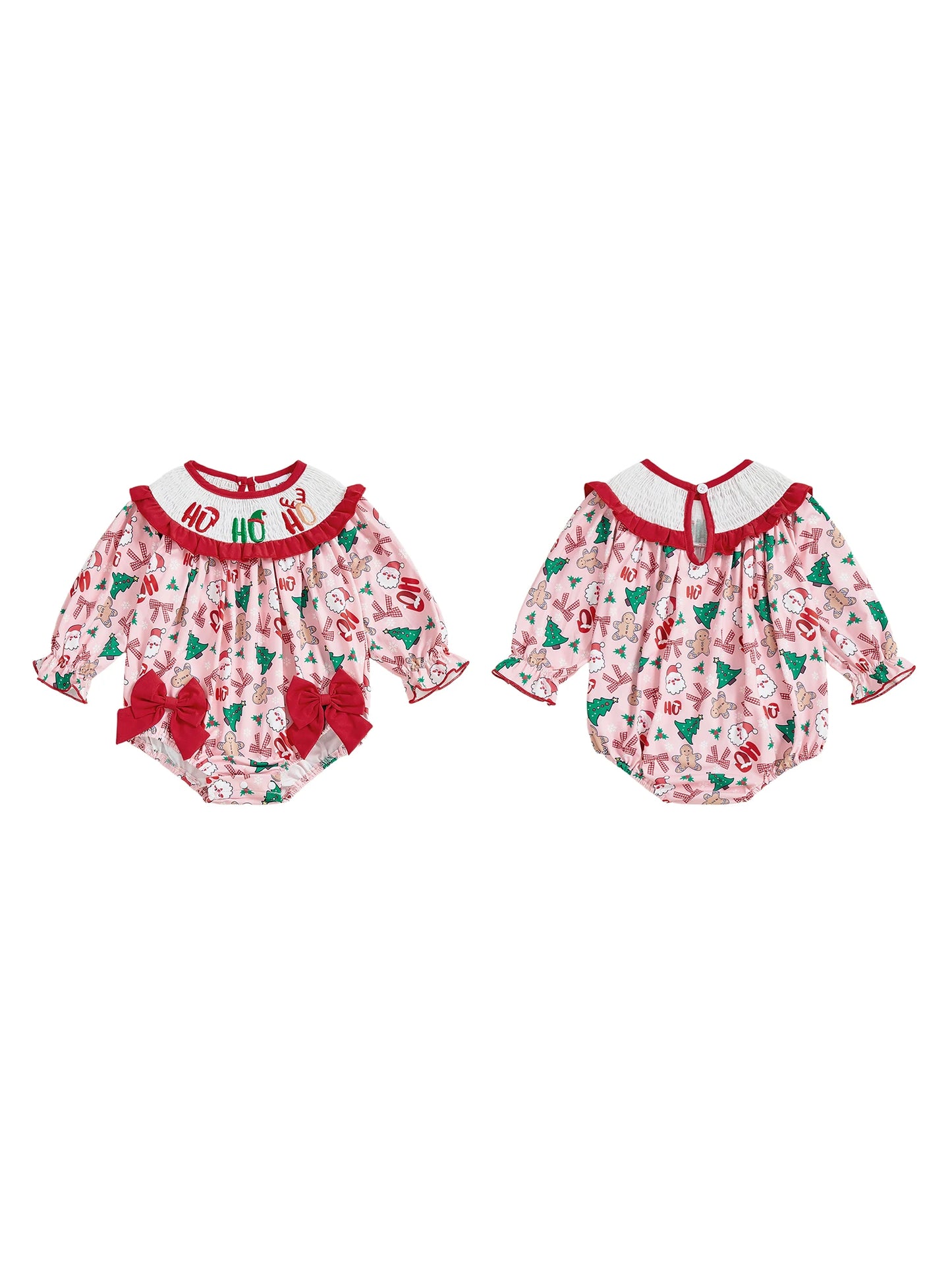 Baby Girl Bubble Romper Fashionable Christmas Tree Embroidery Smocked Long Sleeve Jumpsuit