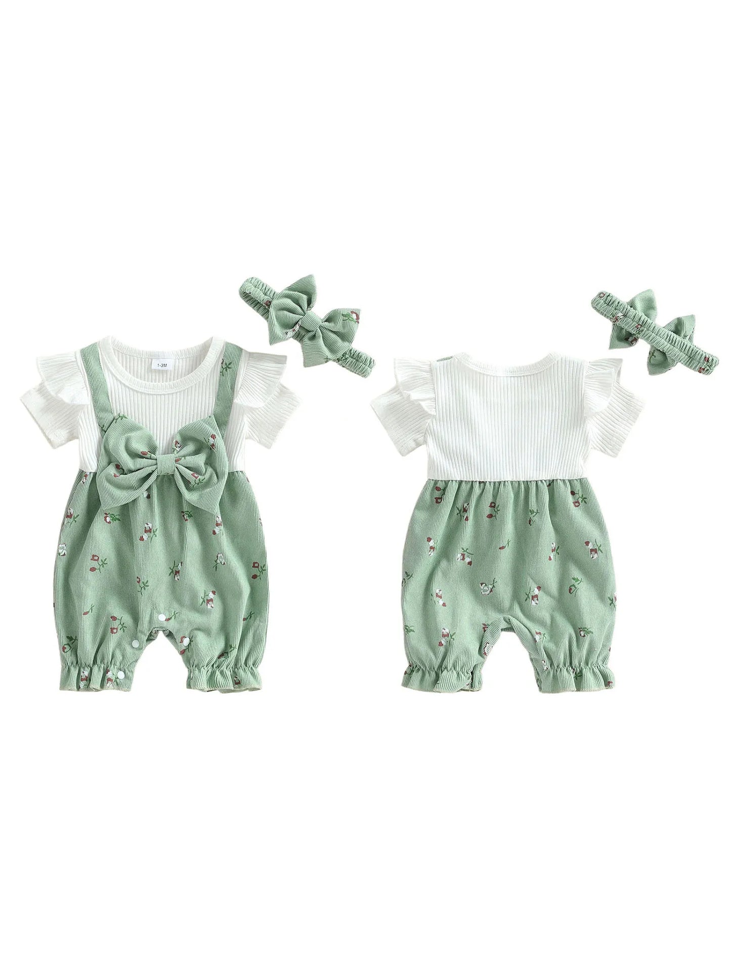 Toddler Girl Sleeveless Romper with Ruffle Detail and Matching Bow Headband Set for Summer Beach Outings